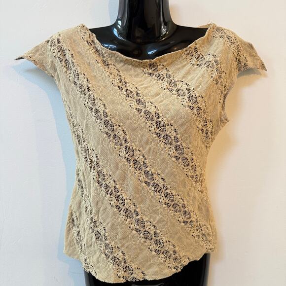 Vintage‎ Y2K Tag Rag Culture Beige Lace Stretch Top M Made in USA Cap Sleeve - Picture 1 of 13